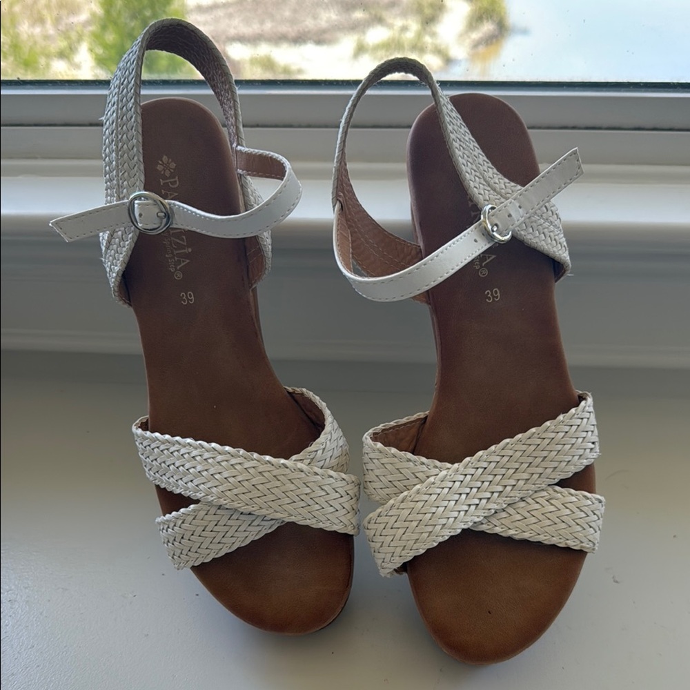 White and Brown Wedge Sandals with Crisscross Straps
